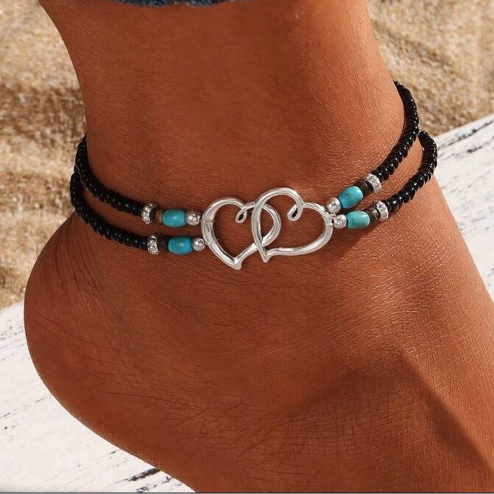 Elegant Bohemian Double Heart Beaded Anklet Set With Turquoise